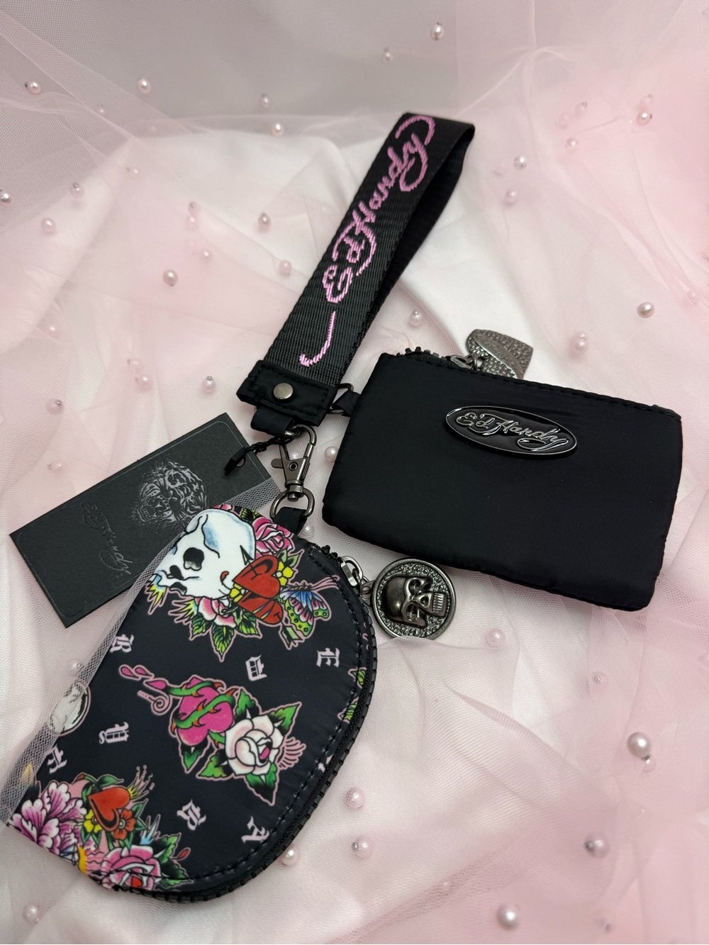 Ed Hardy Black and Pink Floral Skull Wristlet